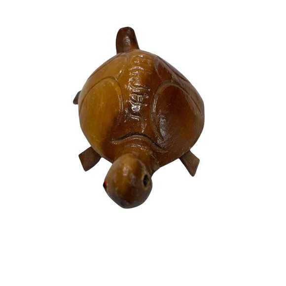 Hand Carved Wooden Turtle with Beaded Eyes Jamaica Souvenir 5" L x 3 W x 1.5" H - Picture 2 of 7